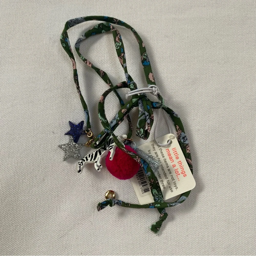 Crewcuts J.Crew Girls Fabric Zebra Star Pompom Necklace Green Pink NWT